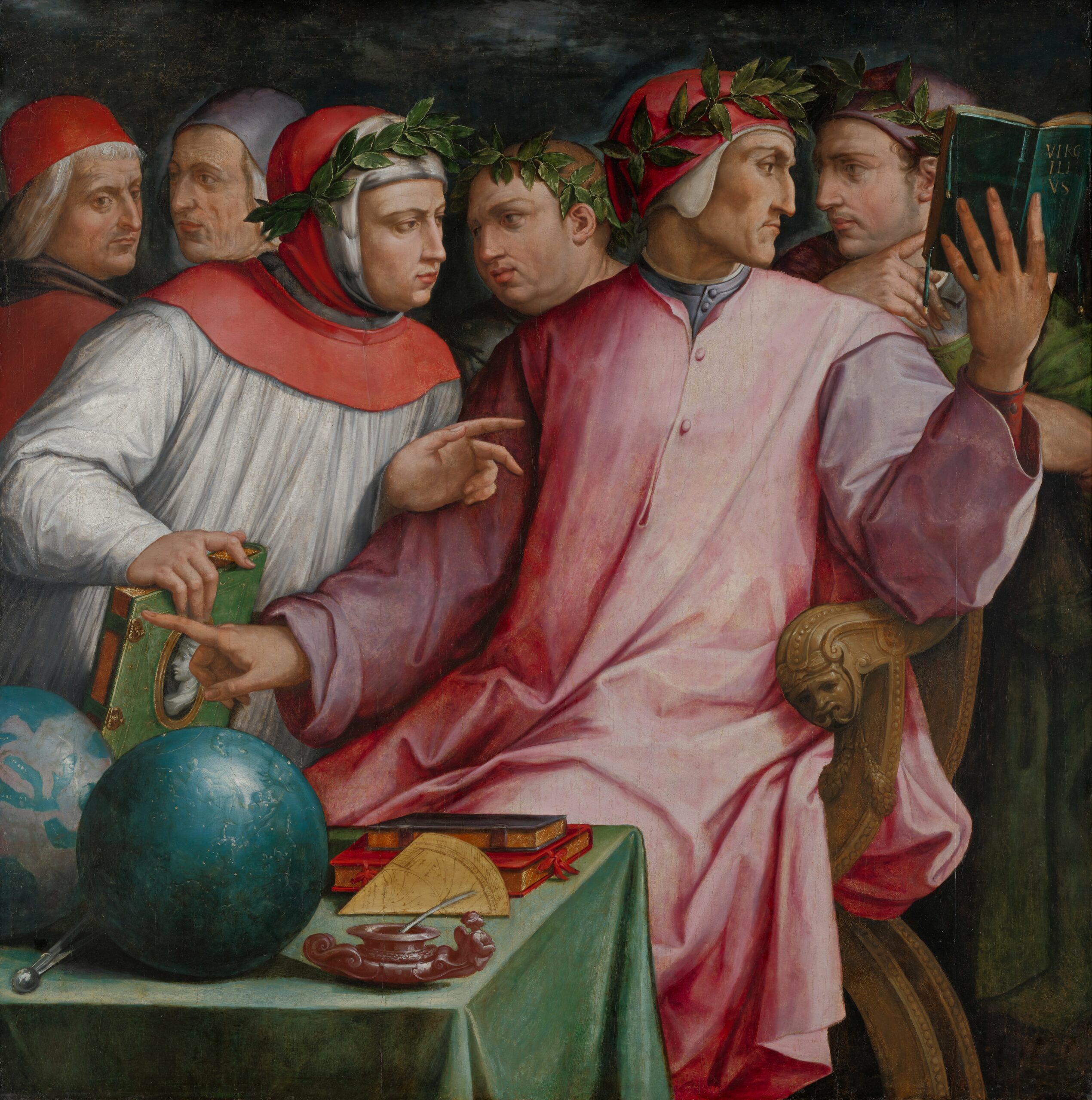 L'oeuvre rassemble les géants de la littérature et de la pensée humaniste de l'époque, dont Dante Alighieri? Petrarque et Boccace, discutant autour d'ouvrages, d'un globe terrestre et d'instruments de mesure.
